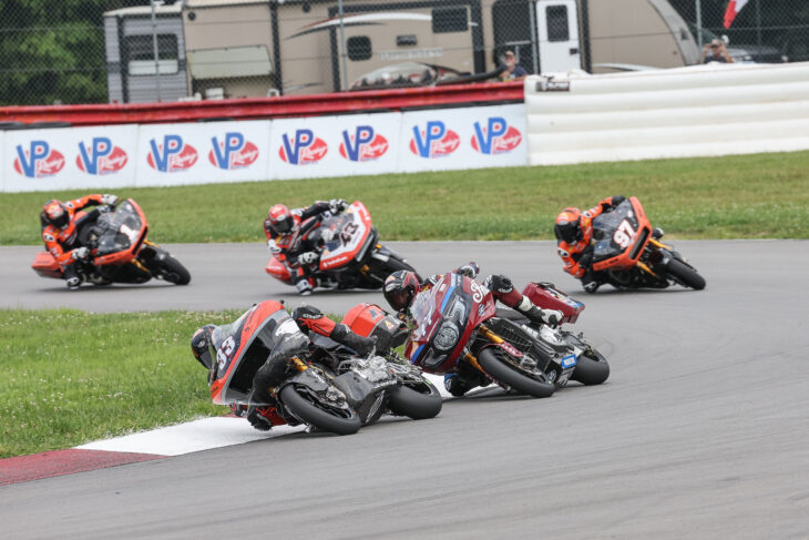 Sunday Supersport
With PJ Jacobsen winning three races in a row, including Saturday’s Supersport victory at Mid-Ohio, Strack Racing’s Mathew Scholtz admits he was getting a little worried about his championship points lead. On Sunday, the South African changed all that with his seventh win of the year to extend his points lead to 25 over the Rahal Ducati Moto rider. 
Scholtz’s win was of the come-from-behind variety as his rival Jacobsen was at the front but busy defending that lead from Vision Wheel M4 ECSTAR Suzuki’s Tyler Scott. Scholtz, meanwhile, worked his way through to third, bringing Altus Motorsports’ Jake Lewis with him.
And just like that, Scholtz was on top of the Jacobsen/Scott battle and suddenly was in front of both. Jacobsen was visibly struggling with front-end grip, and he started to go backwards and ultimately finished fourth. 
Scholtz sped to the finish line, .160 of a second ahead of Scott with Lewis 3.1 seconds adrift.
Jacobsen finished fourth with EasyHealthPlans.com/TopPro Racing’s Maxi Gerardo rounding out the top five.

Sunday King of The Baggers
What was shaping up to be another fight to the finish between Harley-Davidson Factory Racing’s Kyle Wyman and S&S/Indian Motorcycle’s Troy Herfoss didn’t get the chance to materialize as Hayden Gillim crashed his RevZilla/Motul/Vance & Hines Harley-Davidson on the third lap in Sunday’s race, bringing out the red flag and ultimately the end of the race.
Since he was leading Herfoss when the red flag came out, Wyman was declared the winner, giving him his sixth win of the season and the five points back that he’d lost to Herfoss on Saturday. 
RevZilla/Motul/Vance & Hines Harley-Davidson’s Rocco Landers finished third for the second time on the weekend as the series rookie continues to get closer to the top two.

Sunday Super Hooligans
It was also a doubleheader Sunday for the Mission Super Hooligan National Championship class with Saturday’s race getting bumped off the schedule with poor weather wreaking havoc. 
When they did get started in the first of two races, Saddlemen Racing/Harley-Davidson’s Jake Lewis turned what looked to be an exciting Mission Super Hooligan National Championship race at Mid-Ohio into a dull one when he pulled away from the scrap behind him to win his second race of the season on Sunday morning. 
Lewis topped his teammate Cory West by 1.2 seconds after separating himself from the pack in the closing stages with West beating KWR/Harley-Davidson’s Hayden Schultz by just .057 of a second.
Then came the pair of S&S/Indian Motorcycle’s with Tyler O’Hara fourth and Troy Herfoss fifth, respectively. Herfoss was slowed somewhat by a clutch issue.
If race one turned into a runaway in Hooligan terms, race two was anything but with six riders in the lead group all the way to the finish. And what a difference another race makes as race-one winner Lewis was at the back of that lead group in sixth place.
This one went to new championship points leader West after his two-one finishes on the day. West beat O’Hara, his main championship rival, by .105 of a second. Third place on the track went to KTM Development Team’s Chris Fillmore, but Fillmore was here on a KTM DUKE Prototype and not eligible for championship points. 
That gave third to Herfoss with KWR/Harley-Davidson’s Hayden Schultz and West’s teammate Travis Wyman rounding out the top five.

Sunday Junior Cup
Seventeen-year-old Matthew Chapin is having quite a rookie season in the MotoAmerica Junior Cup Championship, and Sunday was his best day yet. The BARTCON Racing Kawasaki rider won both Junior Cup races, with Saturday’s race one postponed due to rain and rescheduled on Sunday. All the better for the Marylander because his two Super Sunday wins clinched the 2024 MotoAmerica Junior Cup Championship.
From one end to the other, it was a perfect weekend for Chapin, who was fastest in Friday’s Practice 1, earned the provisional pole in first qualifying later on Friday, secured pole position in final qualifying on Saturday, and won both races on Sunday.
Chapin made light work of race one, winning by an unheard of for-that-class 3.4 seconds over Fernandez Racing’s Jayden Fernandez with Fernandez some nine seconds ahead of what was the first real battle in the race, with third through seventh finishing on the same second. The final podium spot went to Chapin’s BARTCON Racing teammate Eli Block.
“Oh, man,” Chapin said after race one. “It was a great race. Pulled the holeshot, and I knew I had the pace to get away, so I just put my head down, did some fast laps. Man, it was a great race.”
Junior Cup race two was a lot closer at the finish line for Chapin, who nipped New York Safety Track Racing Kawasaki’s Yandel Medina by just .074 of a second. Third place went to Wolfe Racing’s Ryan Wolfe, who was only .015 of a second behind Medina.
All in all, Chapin, led every lap of both of Sunday’s Junior Cup races.

Sunday Royal Enfield Build. Train. Race
Mikayla Moore put a nice little bow on the top of her second Royal Enfield Build. Train. Race. Championship with her seventh win of the season coming a day after she wrapped up that second title. As always, Moore made the race her own, winning by a tick over 20 seconds ahead of Kira Knebel, who was also second in yesterday’s race. 
The only race Moore didn’t win this season was the only race she didn’t take part in when an injury took her out of race one in the season-opener at Road America. 
Third place went to first-time podium finisher Miranda Cain with Cain improving from her fifth-place finish in Saturday’s race. Emma Betters and Holly Varey rounded out the top five in the season-ender for the class.
